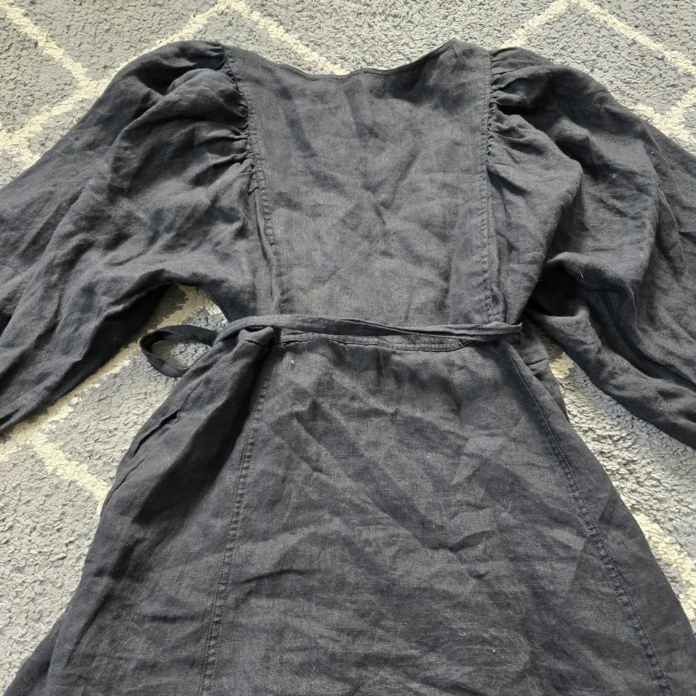 FREE PEOPLE Black Linen Carino Mini Wrap Dress Small Petite - Picture 12 of 14